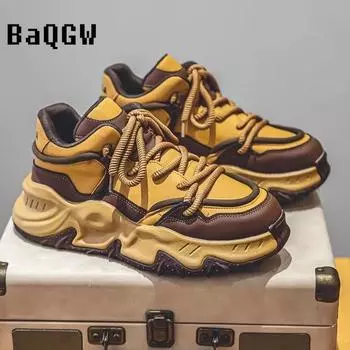 Chunky Sneakers Men Soft Sole Running Shoes Fashion Casual Leather Color Block Design Breathable Height Increased Platform Shoes 39