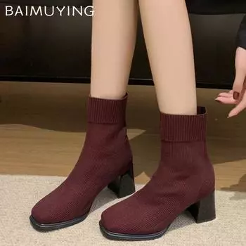 Массивные женские ботильоны-носки, вязаные элегантные туфли на среднем каблуке, тренд 2025 года, зимние новые брендовые дизайнерские туфли-лодочки в готическом стиле Botas De Mujer 36