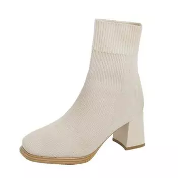 Chunky Women Ankle Sock Boots Knitting Elegant High Heels Shoes Trend Winter New Brand Designer Pumps Goth Botas De Mujer 36