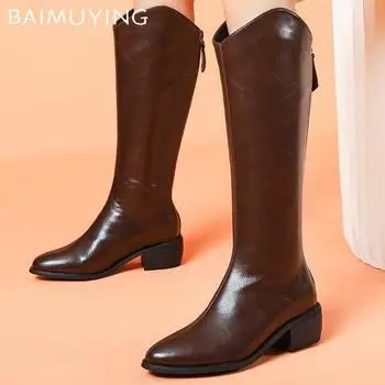 Chunky Women High Boots Leather Pointed Toe Retro Mid Heels Shoes 2025 Trend Winter Knee High Classic Motorcycle Botas De Mujer 35 чёрный