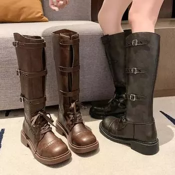 Chunky women knee high boots fashion sexy slim black brown leather buckle strap gladiator long boots platform autumn winter shoe 35 темно серый