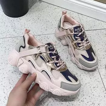 Chunky Women s Sneakers 2024 Female Fashion Sneakers Lace-up Basket Dad Platform Breathable Mesh Sneakers for Women Zapatillas 35 бежевый