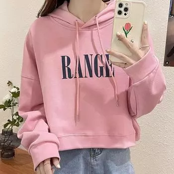 Chunqiu New Korean Monogram Print Loose Short Style Hoodie Women S Long Sleeve Pullover Casual Top One Size розовый