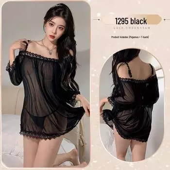Чувственный пижамный комплект из сетки с кружевной отделкой, с открытыми плечами и быстросъемными деталями One Size чёрный