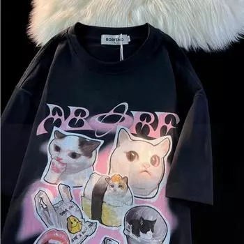 Чувство дизайна, футболка с круглым вырезом и принтом милого кота для мужчин и женщин, летняя модная тенденция, повседневный удобный топ из чистого хлопка для пар, топ с короткими рукавами Harajuku S чёрный