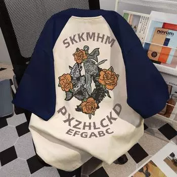 Чувство дизайна, футболки с контрастными плечами и принтом роз для мужчин и женщин, летняя мода, повседневный удобный топ из чистого хлопка для пар, топ с короткими рукавами в стиле Харадзюку S абрикосовый/темно-синий