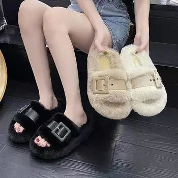 Чувство дизайна, одно слово пушистая женская верхняя одежда осень 2025 года новые толстые домашние тапочки с открытым носком и пряжкой на ремне 35