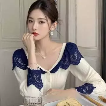 Чувство моды, сращивание контрастных цветов, V-образный вырез, длинные рукава, вязаный свитер для женщин, осень и зима, дизайн, чувство ниши, шикарный, красивый топ S