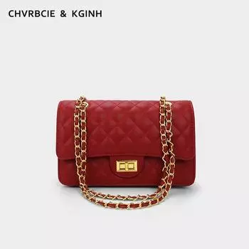 Chvrbcie & Kginh Bag Female 2024 New Arrival Shoulder Messenger Bag Small Square Bag Classic Style Quilted Chain Bag Large red Quilted + Black gift box delivery