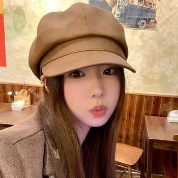 Чжоу подарил кожаную восьмиугольную шляпу женскую шляпу осень и зима британский литературный и художественный художник шляпа в стиле Гонконга кофейного цвета Бере газетчик Adjustable темно-коричневого
