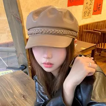 Чжоу подарил осенне-зимнюю новую ретро универсальную восьмиугольную шляпу из искусственной кожи для женщин в британском стиле, модную шляпу газетчика, берет Adjustable чёрный