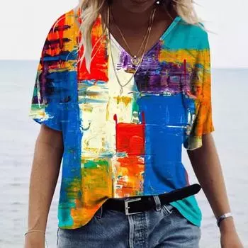 Цифровая 3D-печатная женская футболка с короткими рукавами, летние футболки с принтом тай-дай с V-образным вырезом и фирменной базой для женщин 7XL