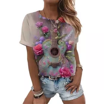 Цифровая гитара, женская футболка с 3D принтом, модный пуловер, подходит для всех сезонов, повседневная, с короткими рукавами, полиэстер, сексуальный сексуальный круглый вырез 5XL