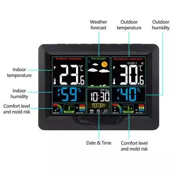 Цифровая метеостанция, часы, комнатный наружный измеритель температуры и влажности, прогноз погоды, беспроводные электронные настольные часы чёрный