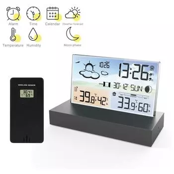 Цифровая метеостанция Прозрачный измеритель температуры и влажности Будильник Прогноз погоды Внутренний наружный гигротермограф чёрный