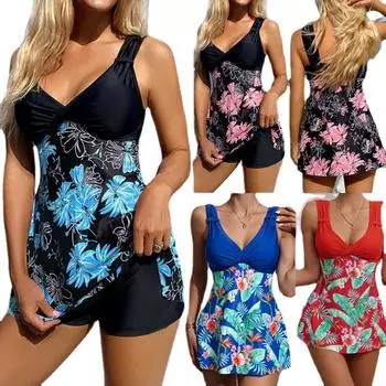 Цифровая печать многоцветный консервативный независимый плоский угол юбка танкини купальник S