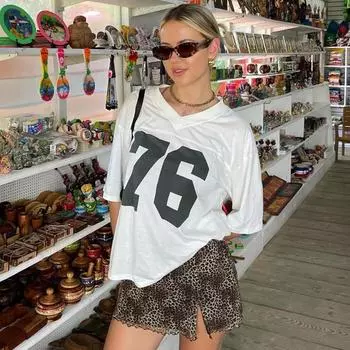 Цифровая печать Повседневные свободные белые футболки Женские свободные свитера с V-образным вырезом и коротким рукавом Летний спортивный топ в уличном стиле S белый