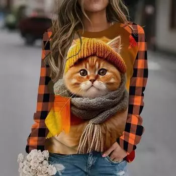 Цифровая печать свитеров мультфильм милый кот осень зима женская круглая горловина повседневная с длинными рукавами толстовка S
