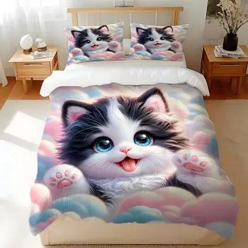 Цифровая печать Трехпредметное постельное белье серии «Милые котята» 3D Комплект для мальчика 135cm * 200cm (three-piece set)