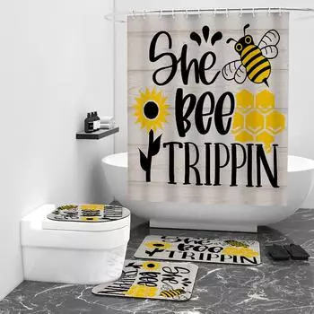 Цифровая печать Водонепроницаемая занавеска для душа Устойчивая к плесени полиэстер Утолщенная занавеска для ванной с принтом пчел W90cm*L180cm