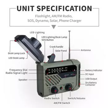 Цифровое FM-AM-радио, уличная аварийная лампа, солнечная рукоятка, радиофонарик, светодиодная лампа для чтения SOS зелёный
