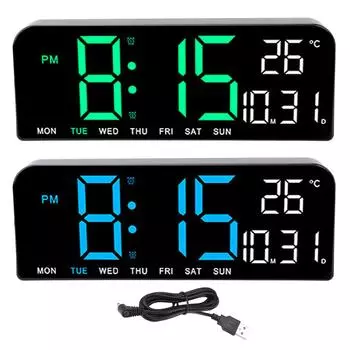 Цифровой будильник, большой светодиодный дисплей, настольные настенные часы с регулируемым дисплеем температуры, даты и недели Blue