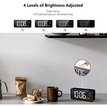 Цифровой будильник, будильники с размерным светодиодным дисплеем, портативный зеркальный будильник с двойным будильником, умный будильник, повтор 4 уровня яркости 20x20x3cm