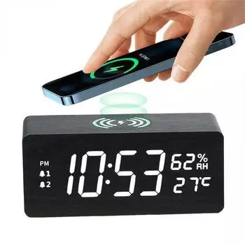 Цифровой будильник, деревянный будильник для температуры и влажности, светодиодные электронные часы, беспроводное зарядное устройство для смартфона