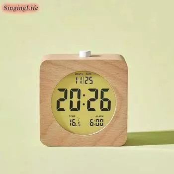 Цифровой будильник из цельного дерева с подсветкой, с отображением даты и времени, с круглыми/квадратными часами для спальни, кабинета, рабочего стола