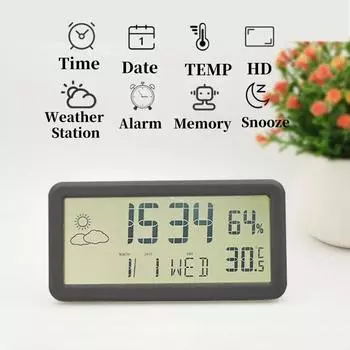 Цифровой будильник на батарейках с индикацией температуры, влажности, даты, недели, метеостанции, функцией повтора сигнала, настенные часы с ЖК-дисплеем 12/24 часа чёрный
