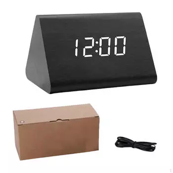 Цифровой будильник настольный деревянный электронный треугольник для столешницы чёрный
