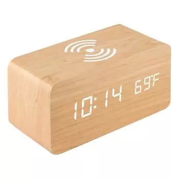 Цифровой будильник с беспроводным зарядным устройством, светодиодный настольный будильник, дисплей температуры дубильная кора
