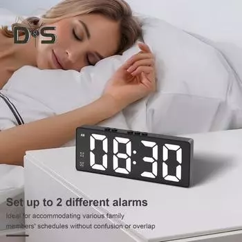 Цифровой будильник с датчиком температуры и влажности, регулировкой яркости, питание от батареек, большой светодиодный дисплей для спальни A чёрный