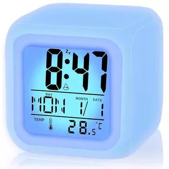 Цифровой будильник с календарем температуры и 7-цветным ночным светом белый