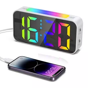 Цифровой будильник с прикроватными часами, цветной светодиодный дисплей RGB, часы с двумя будильниками, таймером повтора, портом USB белый