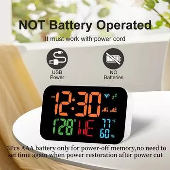 Цифровой будильник с синхронизацией по WIFI, временем, температурой, влажностью и датой, 2 будильника, неограниченное количество повторов, настольные часы 12/24 ч, питание от USB, светодиодные часы