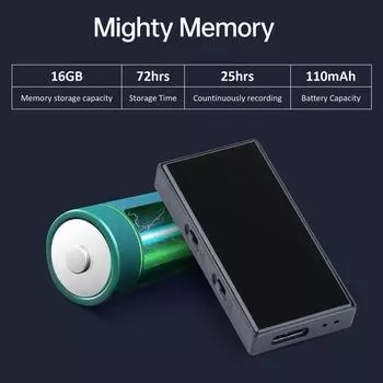Цифровой диктофон, 16 ГБ, голосовая активация или запись с воспроизведением, MP3-плеер, 72 часа чёрный