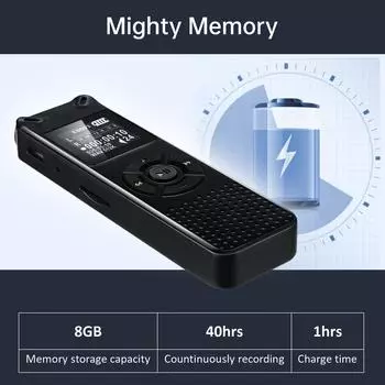 Цифровой диктофон, 8 ГБ, голосовая активация или запись с воспроизведением, MP3-плеер, 572 часа чёрный