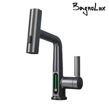 Цифровой дисплей кран матовый золотой кран для раковины горячий и холодный выдвижной смеситель водопад вода 3-ходовой кран для мойки монтируется на бортике