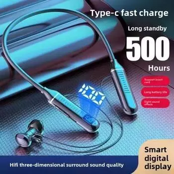 Цифровой дисплей, подвесная шейная Bluetooth-гарнитура, беспроводная карта-вкладыш, функция HD-качества звука, сверхдлительный режим ожидания чёрный
