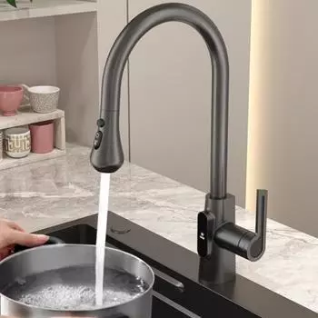 Цифровой дисплей выдвижной кухонный кран смеситель для холодной и горячей воды 3 режима распылитель поток вращение раковина кран мытье для кухни серый