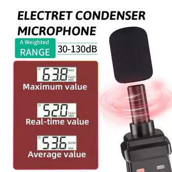 Цифровой измеритель шума, измеритель уровня звука, ручной измеритель дБ, A-взвешенный 30~130 дБ, измерительный прибор для измерения звука, децибел-монитор чёрный