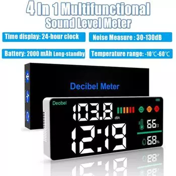 Цифровой измеритель уровня звука 4-в-1, настольный децибел-монитор 30-130 дБ, для измерения шума, библиотека, с отображением времени, температуры и влажности