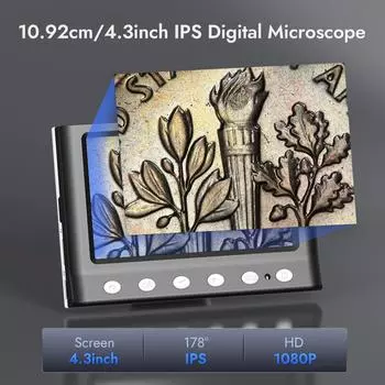 Цифровой микроскоп Hayve 4,3 дюйма, 1600-кратный USB-микроскоп, 1080p, паяльный микроскоп с 8 светодиодами, совместимый с Windows/Mac OS (DM7) 1600X