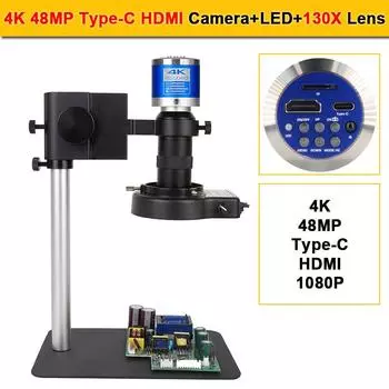 Цифровой микроскоп с 130-кратным зум-объективом C-Mount, 4K, 48 МП, камера HDMI типа C, видеомикроскоп, набор для пайки, светодиодное кольцевое освещение на металлической основе US Plug
