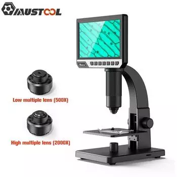 Цифровой микроскоп с двумя объективами 2000X, 7-дюймовый HD IPS, большой экран, несколько объективов, поддержка наблюдения с компьютера