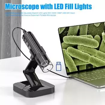 Цифровой микроскоп с регулируемой подставкой 8 светодиодных ламп 50X-1000X 1080P USB WiFi чёрный