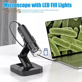 Цифровой микроскоп с регулируемой подставкой, 8 светодиодных ламп, 50X-1000X, 1080P, USB, WiFi, портативный микроскоп для научных экспериментов и обучения чёрный