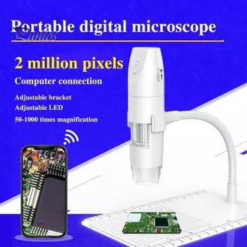 Цифровой микроскоп Wi-Fi USB со светодиодной подсветкой, портативный, широкая совместимость, 1000-кратное беспроводное увеличение, эндоскоп для Windows/Android белый