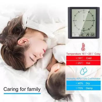 Цифровой многофункциональный термогигрометр Термометр и гигрометр и квадратные часы Минималистичный настенный чёрный